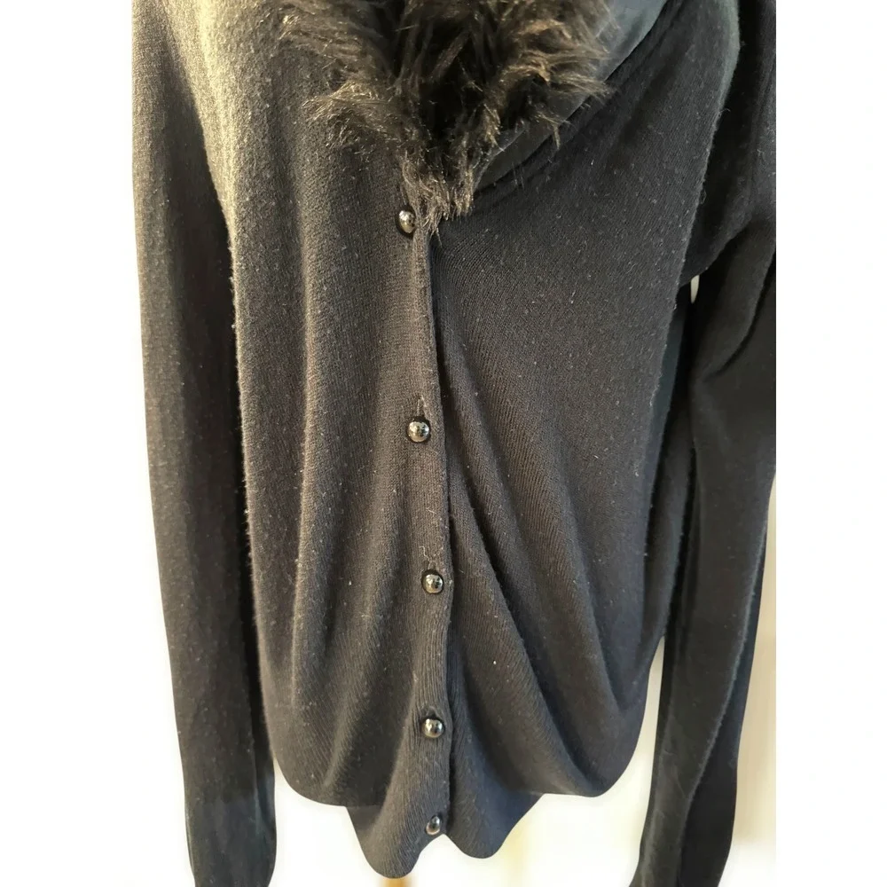 Y2K Goth Shimmer Black Cardigan Sweater Faux Fur‎ Collar Long Sleeve Womens - Picture 3 of 7